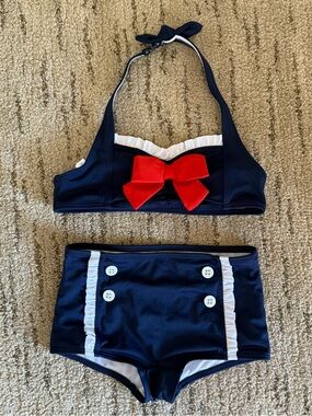 Janie and Jack Navy, White & Red Girls' Nautical Bikini Set